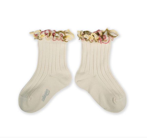 【Collégien】Anémone--Embroidered Ruffle Ribbed Ankle Socks